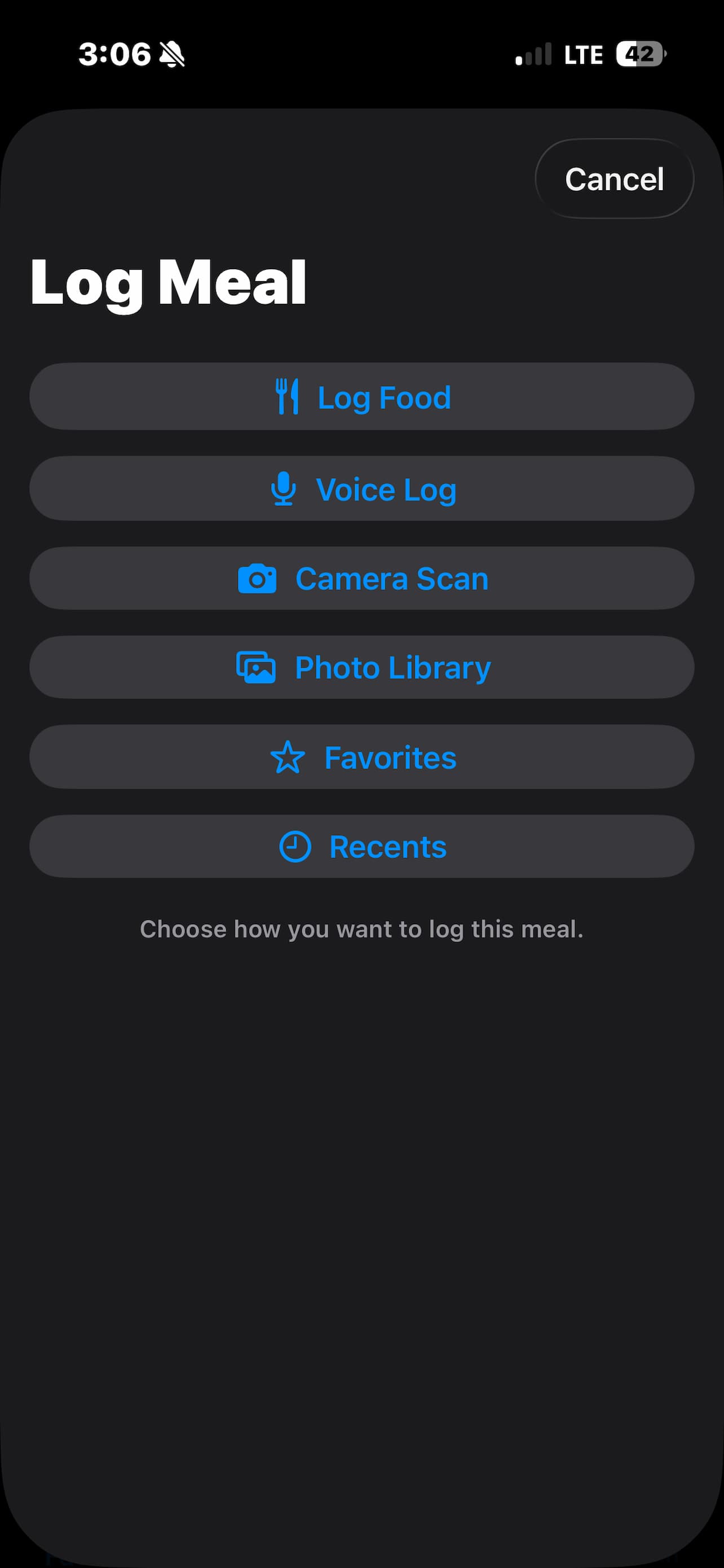 Meal logging options screenshot